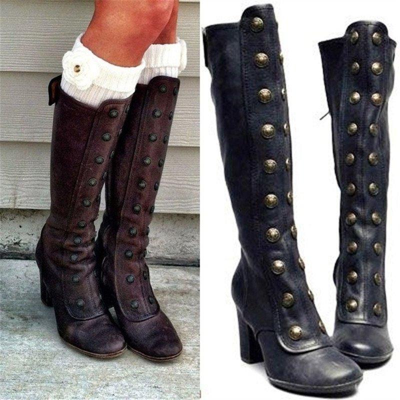 Women Vintage Double-Breasted Mid-Calf Boots