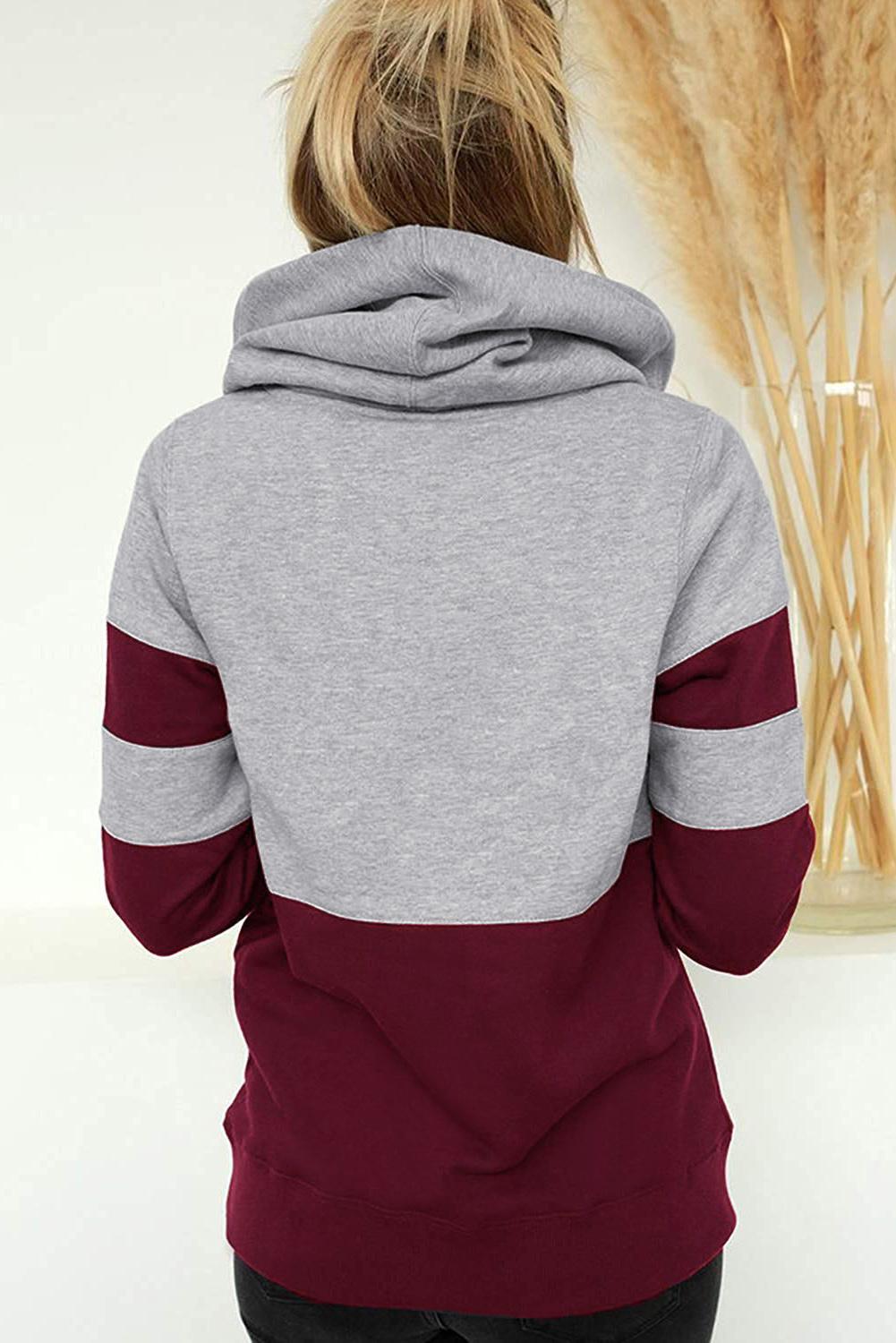 Red Color Block Long Sleeve Crewneck Pullover Hoodie