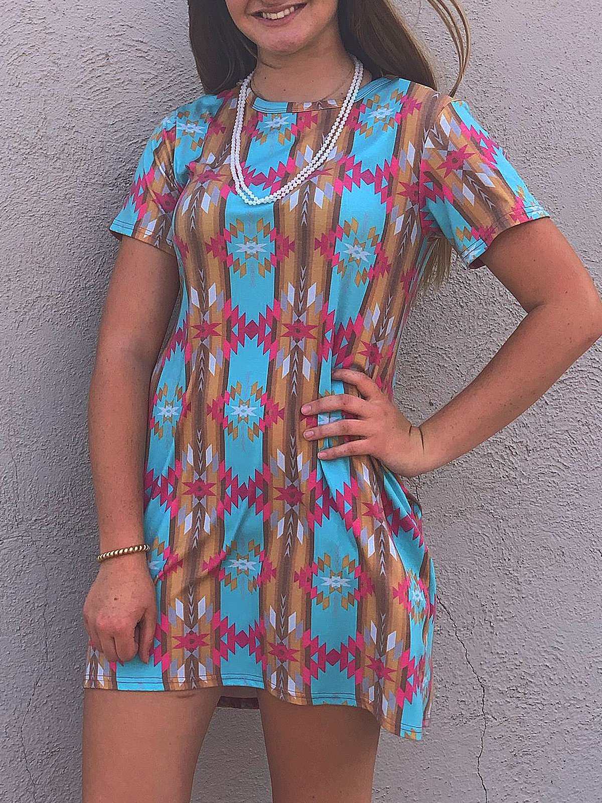 Crew Neck Short Sleeve Geometric Printed Dresses