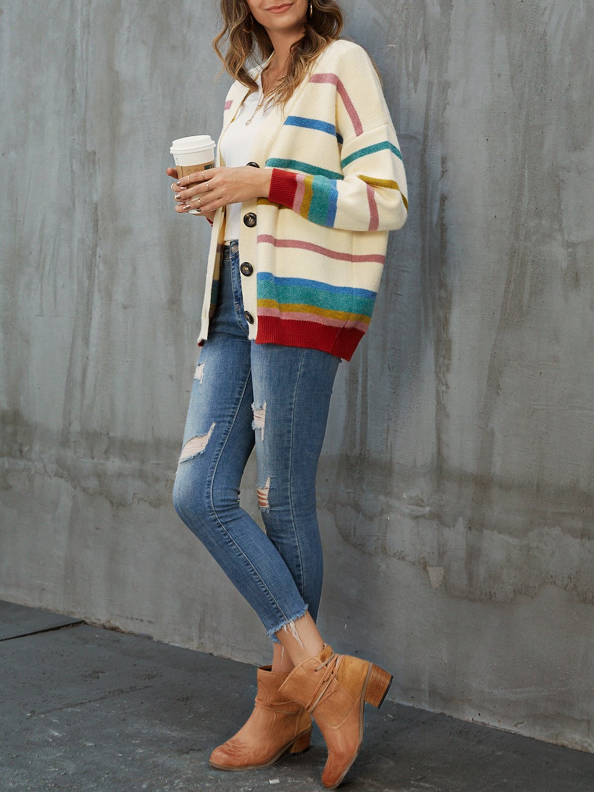 Beige Long Sleeve V Neck Sweater