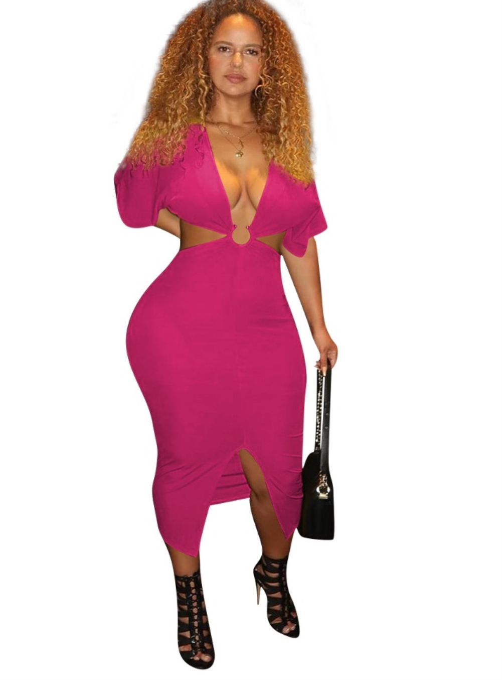 Solid Color Deep-V O-Ring Long Party Dress