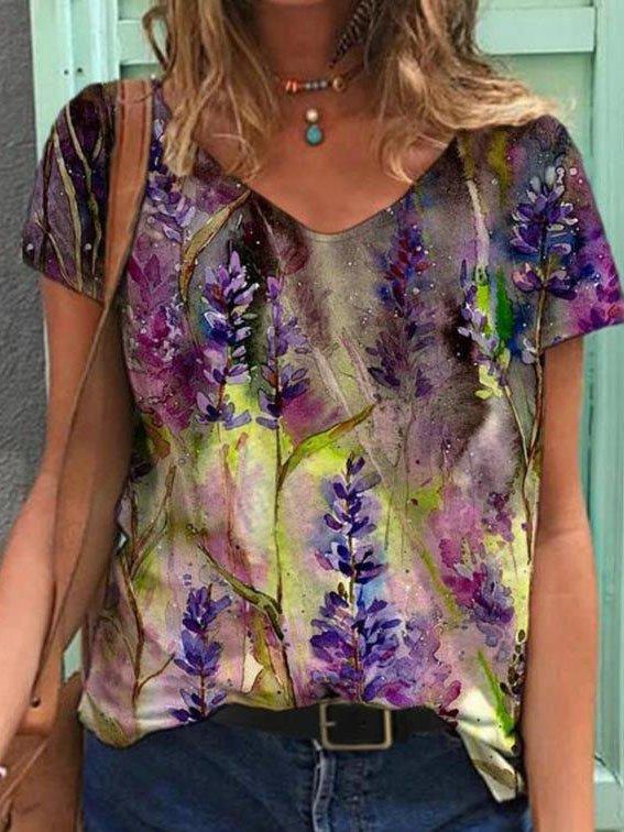 V Neck Floral-Print Short Sleeve Casual Shirts & Tops