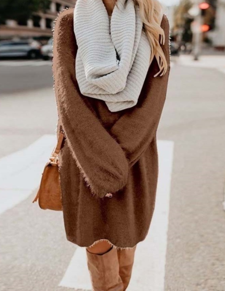 Solid Color O-Neck Long Sleeve Plush Dress