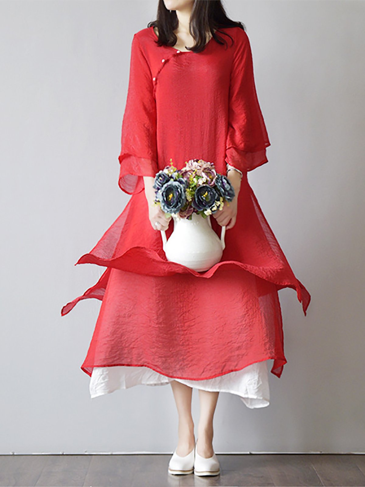 Women White Dresses Elegant Solid Color Linen Maxi Dress