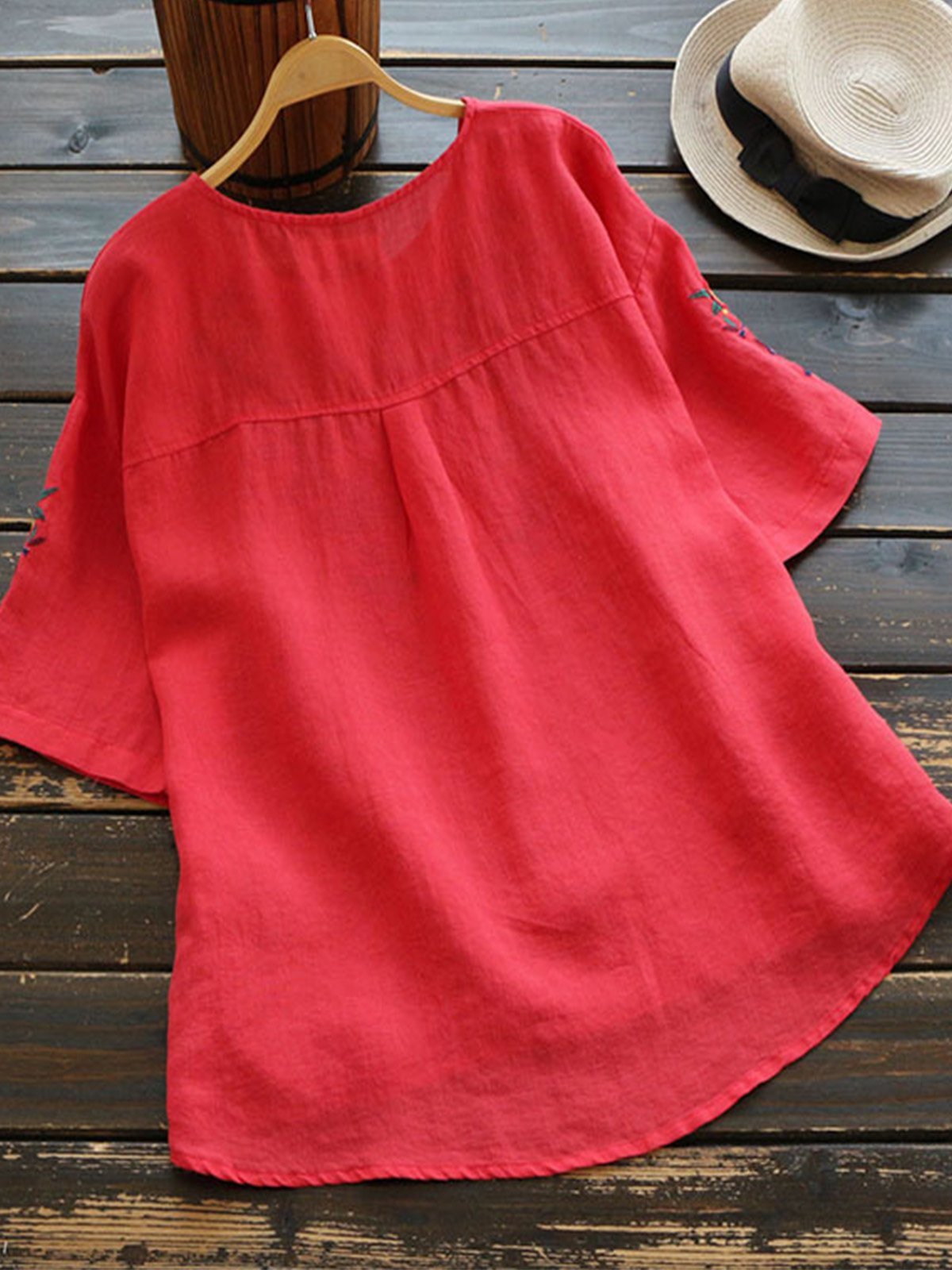 Short Sleeve Round Neck Embroidered Shirts & Tops