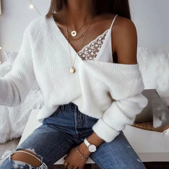 Casual V-Neck Solid Color Sweater