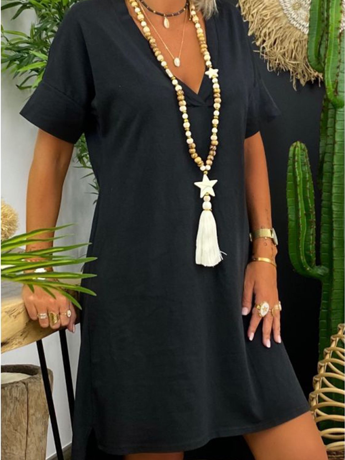 Black Jersey Casual Shift V Neck Dresses