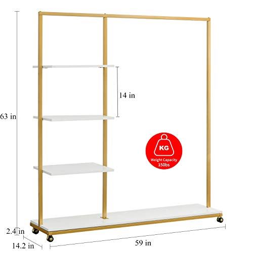 4-Tier Standing Display Clothing Racks on Wheels with Metal Pipes&Wood Shelves/59���