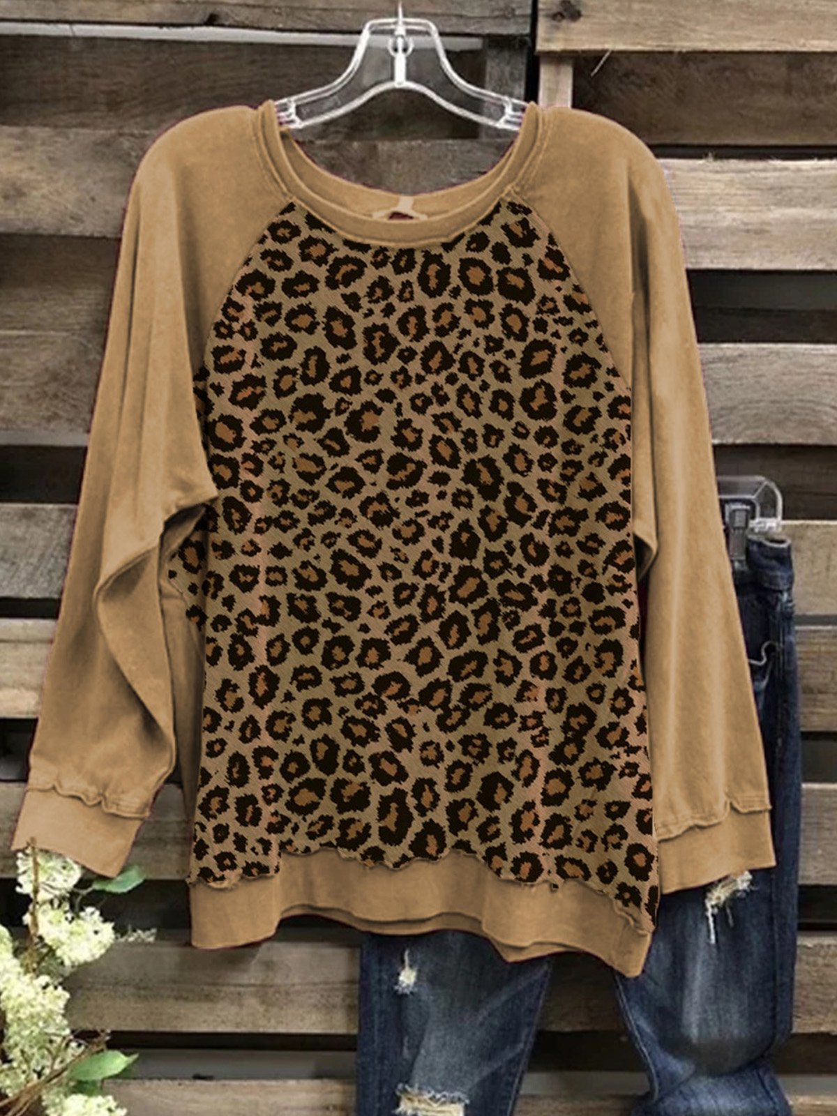 Leopard Long Sleeve Round Neck Cotton-Blend Shirts & Tops