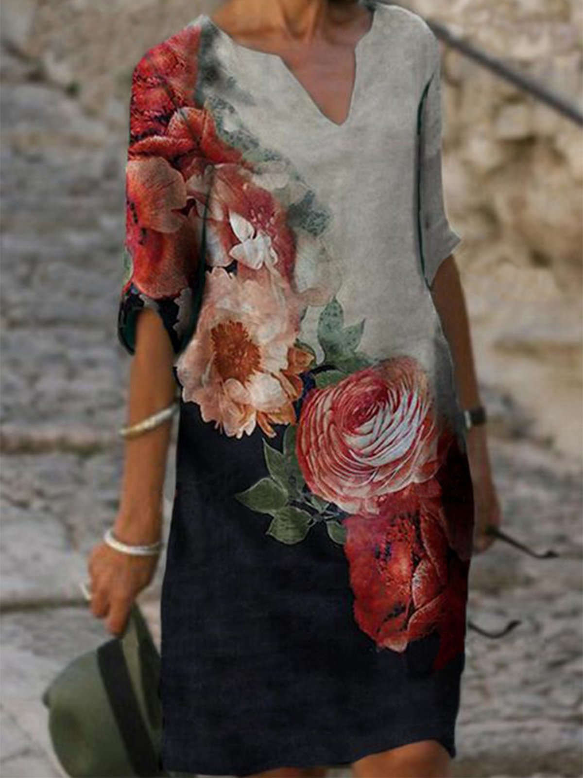 Casual Half Sleeve V Neck Floral Dresses