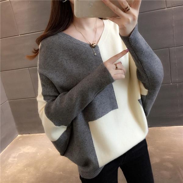 Fashion v-neck stitching color loose sweaters