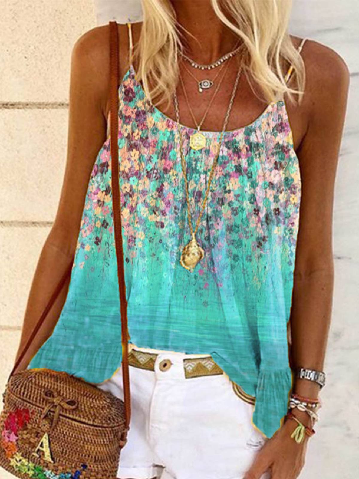 Floral-Print Floral Spaghetti Casual Shirts & Tops
