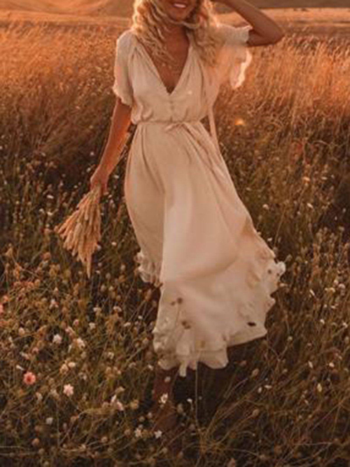 Beige Frill Sleeve Women Summer Maxi Dresses