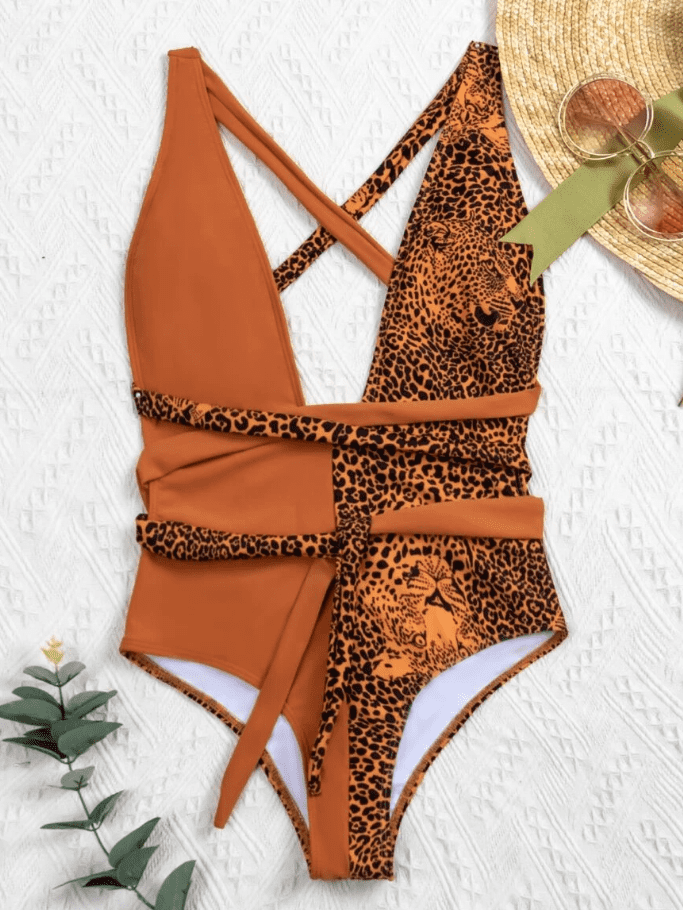 Leopard Color Block Plunging Collar One-Piece Swimwear