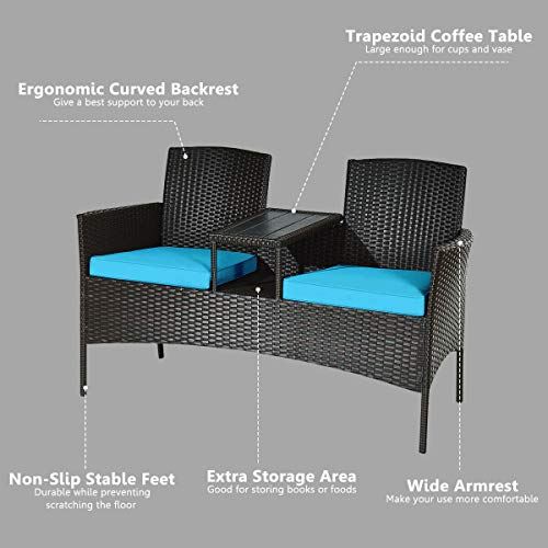 Conversation Furniture Set with Table and Two Removable Cushions Rattan Wicker Chairs and Table Set �C Brown+Blue