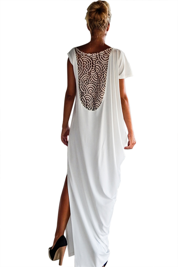 White Crochet Lace Back Oversized Kaftan Dress