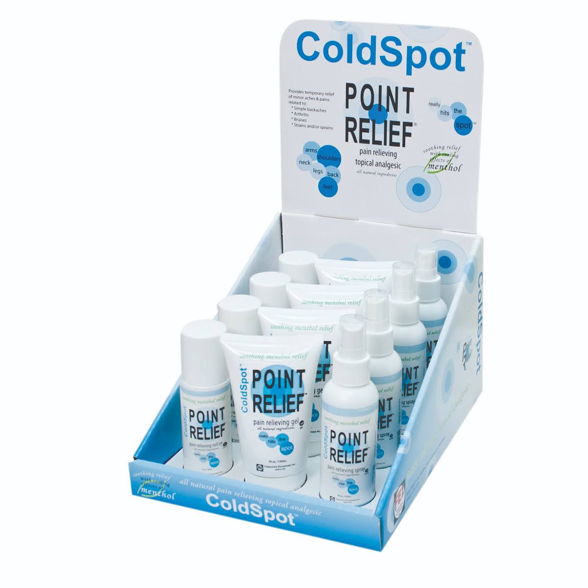Point Relief ColdSpot Lotion - Retail Display with 4 x 3 oz Spray, 3 oz Roll-On and 4 oz Gel