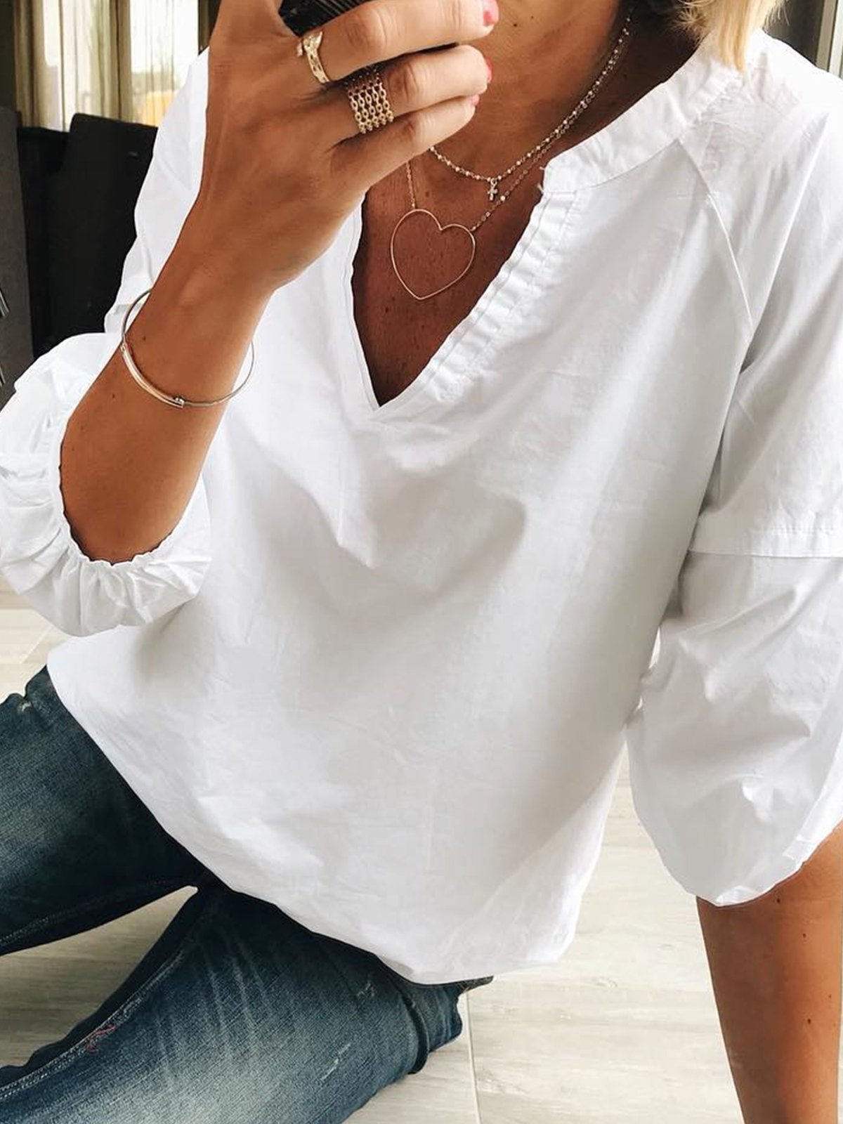 Casual 3/4 Sleeve V Neck Solid Shirts & Tops