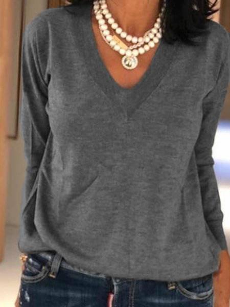 Casual V Neck Plain Shirts & Tops