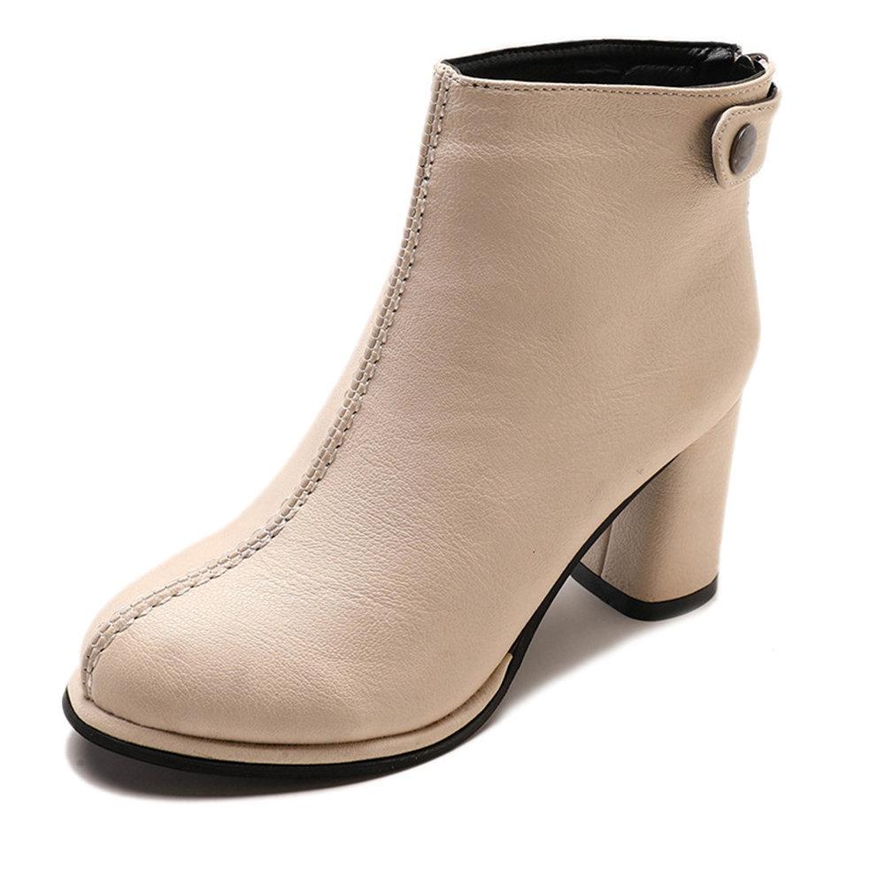 Women Winter Comfy Warm Lined Zipper Chunky High Heel Short Boots