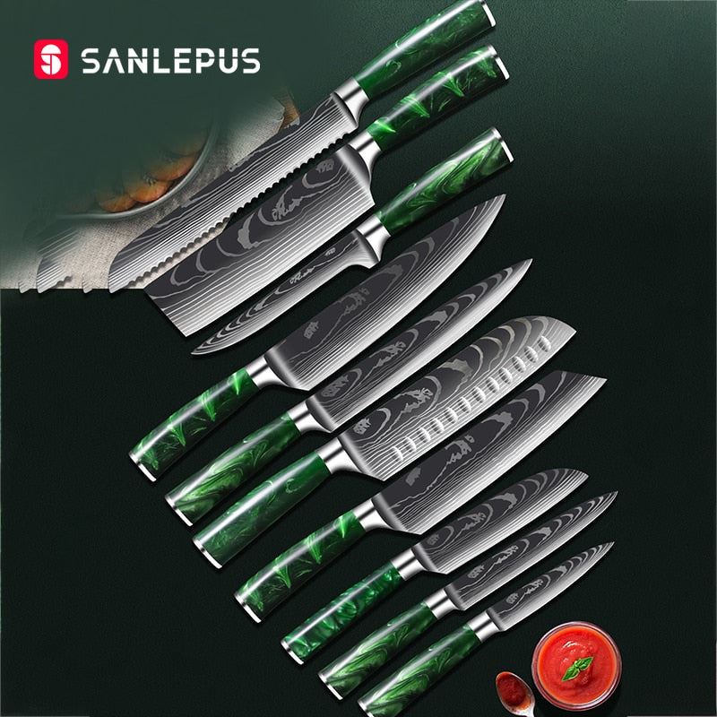 1-10 Pcs Chef Knife Set Kitchen Knives Laser Damascus Pattern Sharp Japanese Santoku Knife