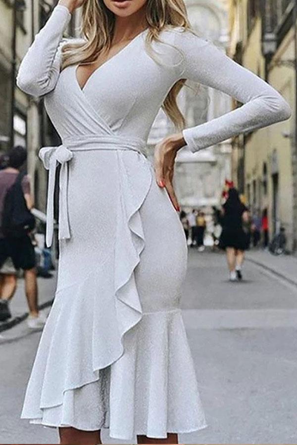 Surplice  Flounce  Belt Shimmering Powder  Tie/Dye Bodycon Dresses