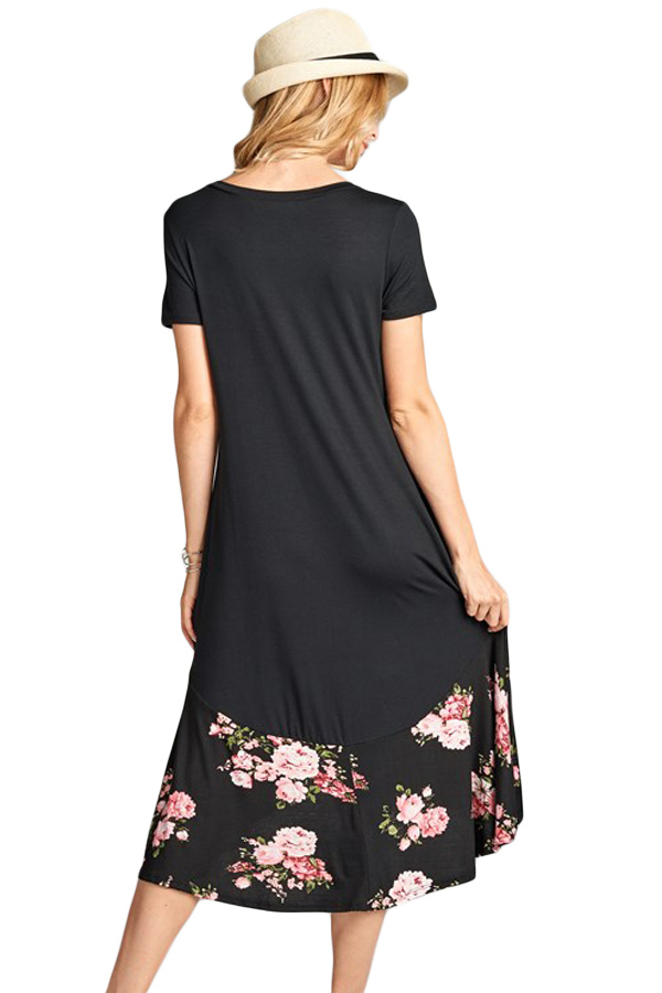 Black Hi-low Floral Ruffle Hem Midi Dress