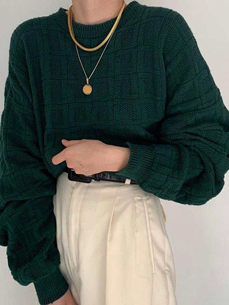 Casual Daily Dark Green Long Puff Sleeves Round Neck Sweater