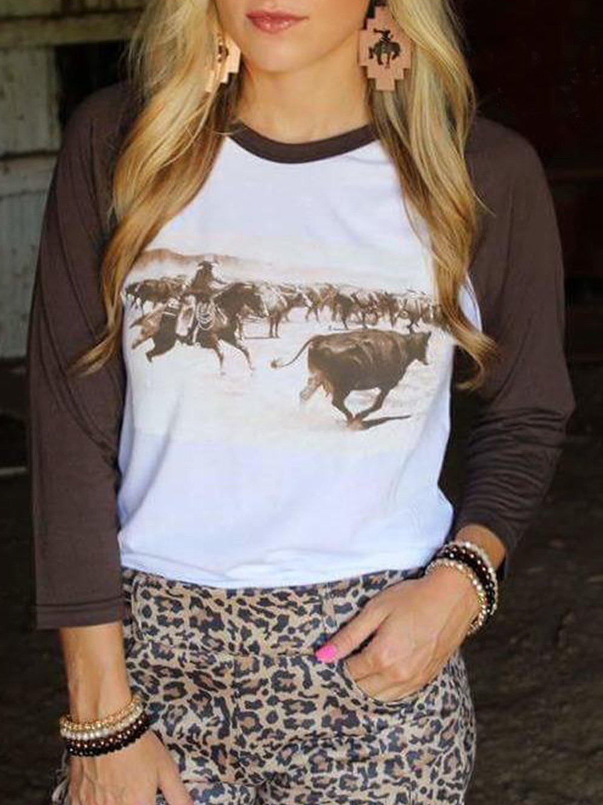 Crew Neck Animal Vintage Printed Shirts & Tops