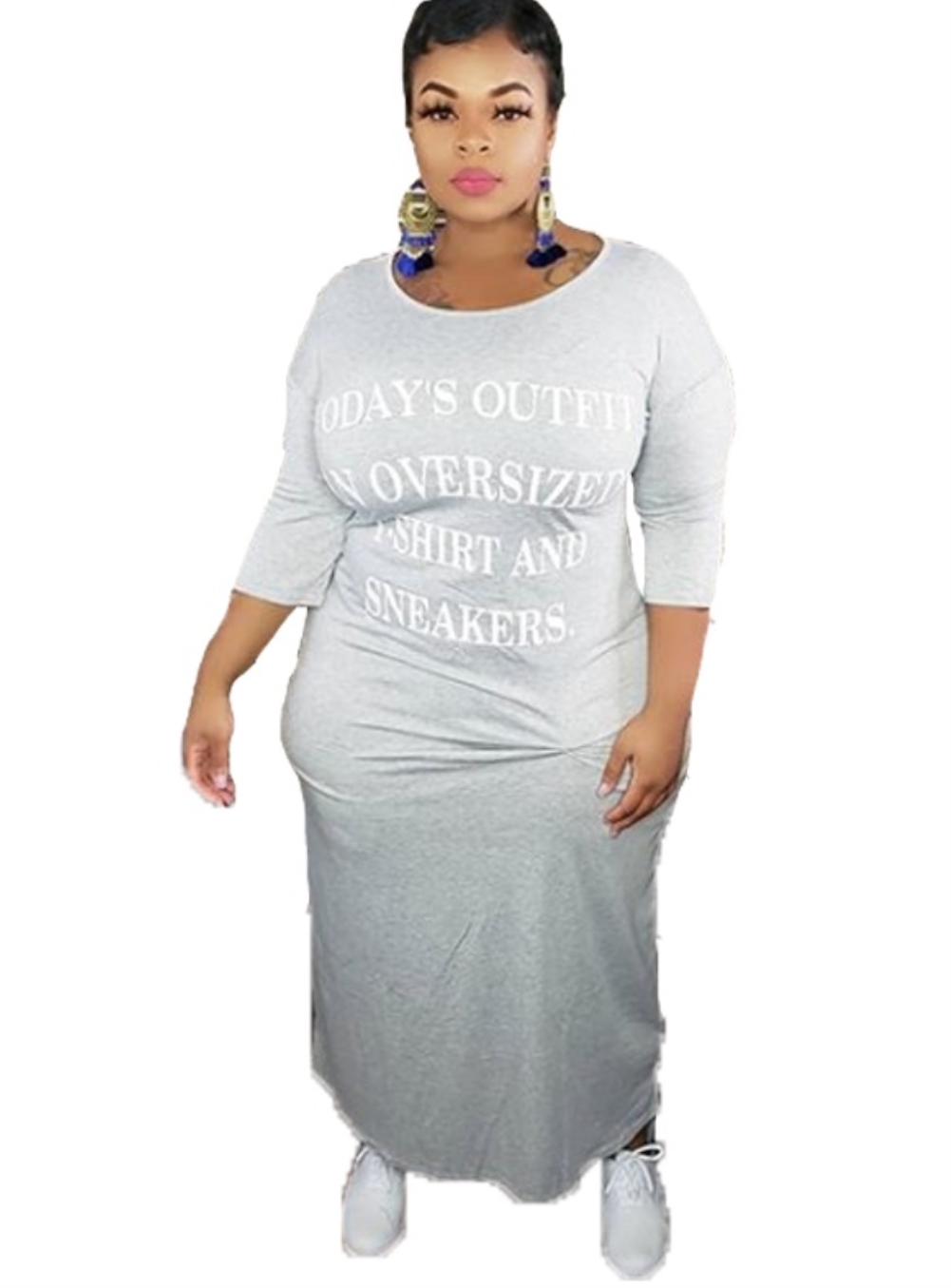 Plus Size Print O Neck Long Shirt Dress