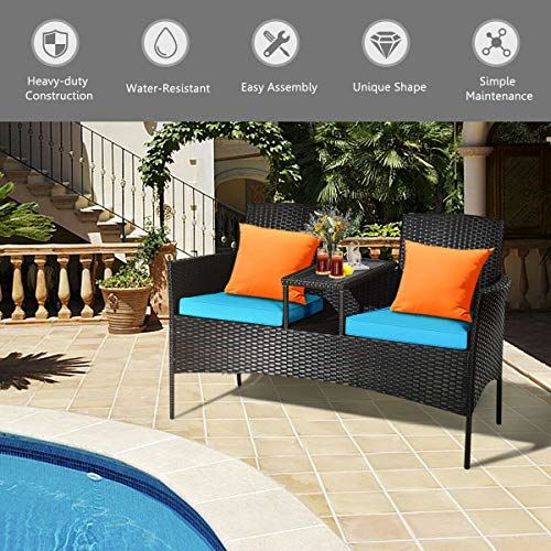 Conversation Furniture Set with Table and Two Removable Cushions Rattan Wicker Chairs and Table Set �C Brown+Blue