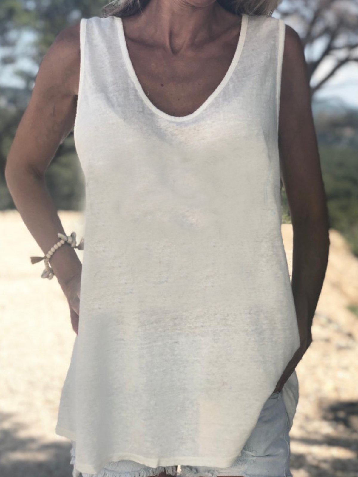 Sleeveless V Neck Cotton Solid Shirts & Tops