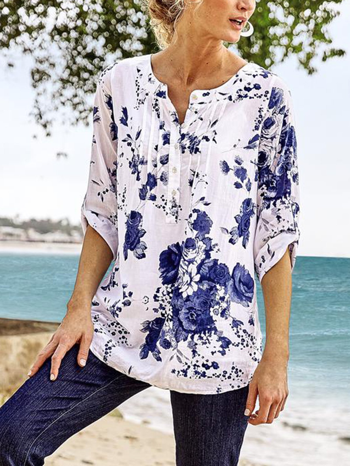 Floral-print Half Sleeve V Neck Blouse