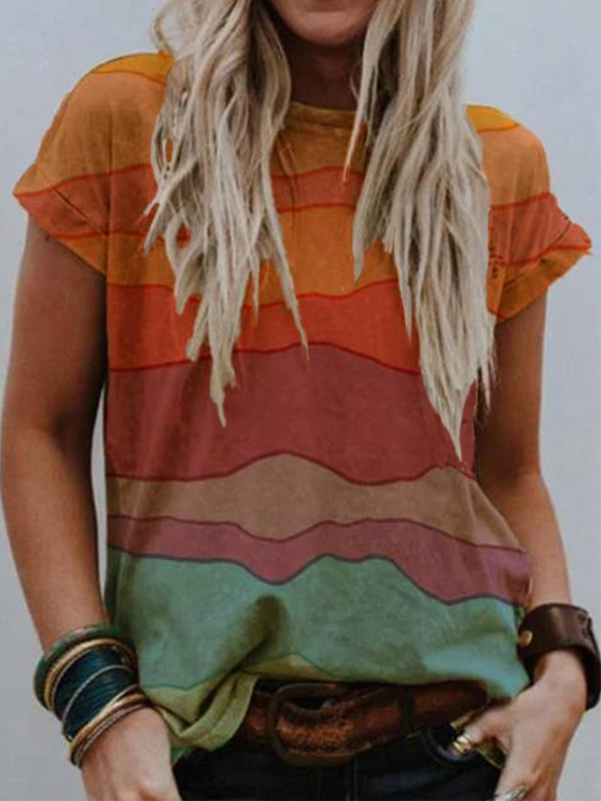 Multicolor Short Sleeve Round Neck Casual Tops