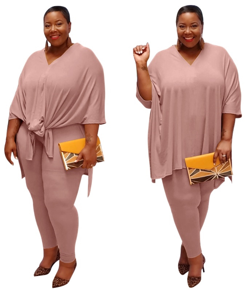 Plus Size Casual Plain Two Piece Pants Set