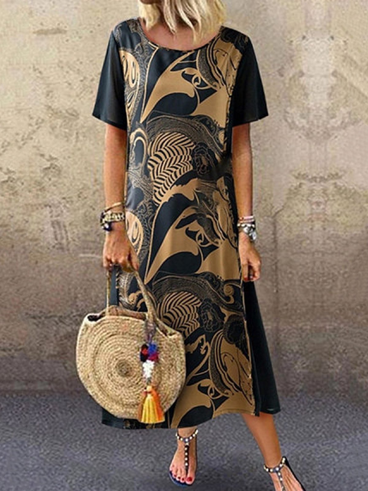 Vintage Printed Short Sleeve Round Neck Midi Dress
