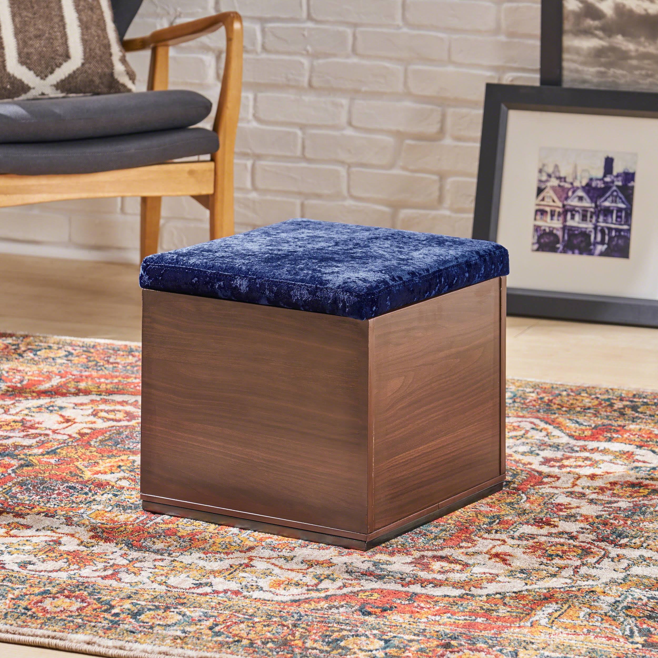 Norris Storage Cube Organizer Ottoman - Navy Blue + Dark Walnut