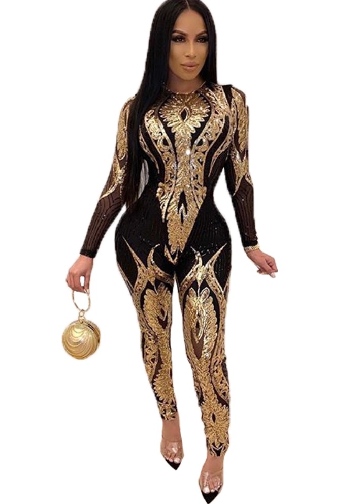 Sequins Long Sleeve Bodycon Jumpsuit