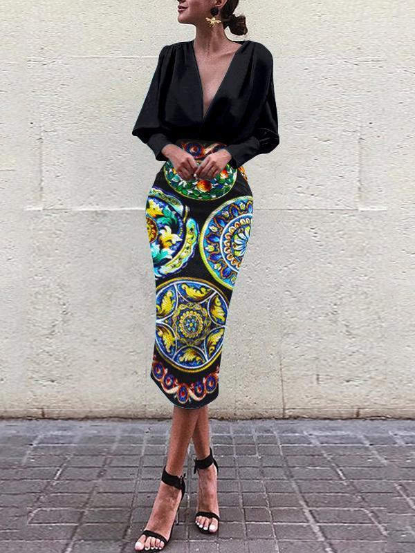 Fashion Business Elegant Slim Floral V Collar Long Sleeve Bodycon Evening Dress