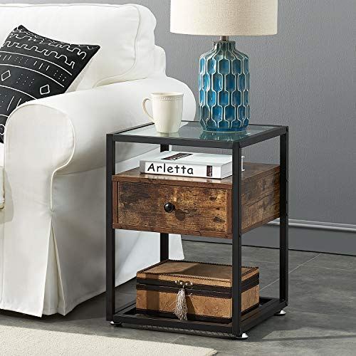 VECELO Modern Nightstand with Tempered Glass Top Hold up to 66 Pounds/Set of 2