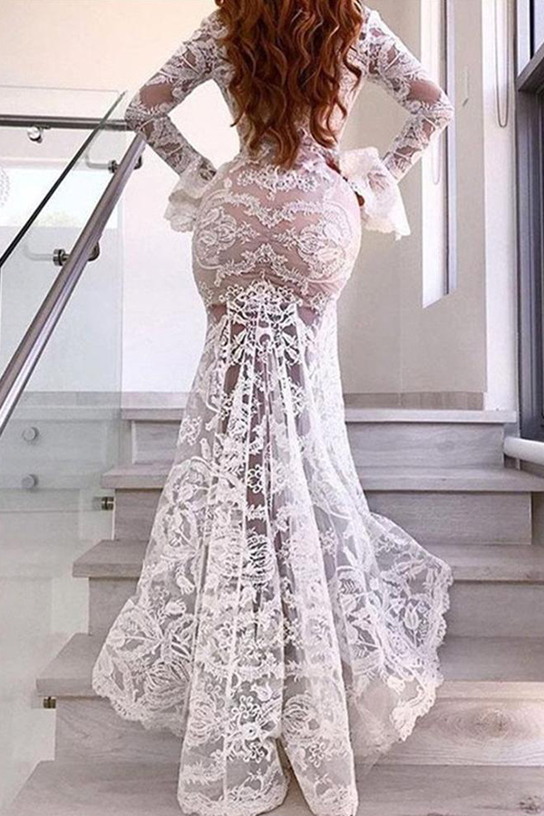 Sexy Deep V Lace Open Forked Fishtail Dress