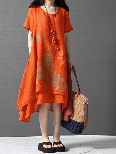 Floral-Print Casual Short Sleeve V Neck Linen Dresses