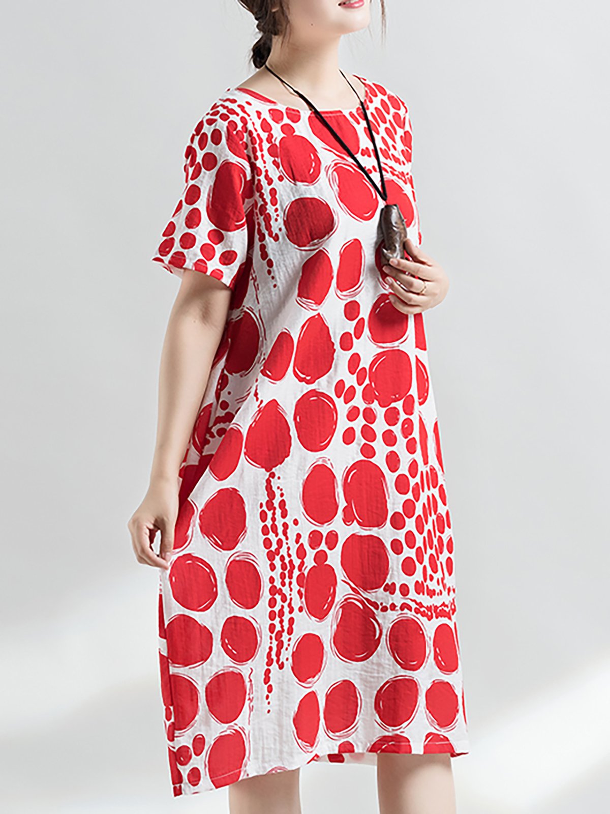 Short Sleeve Polka Dots Crew Neck Printed Casual Midi Plus Size Dress