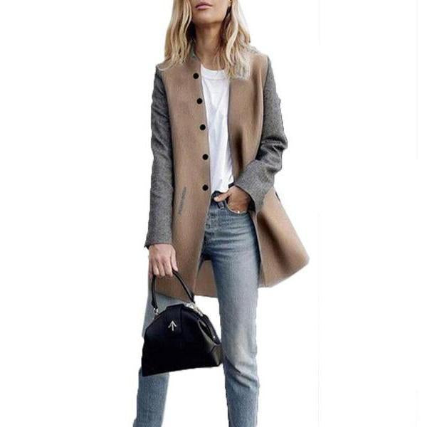 Round Neck  Single Breasted  Color Block Coats