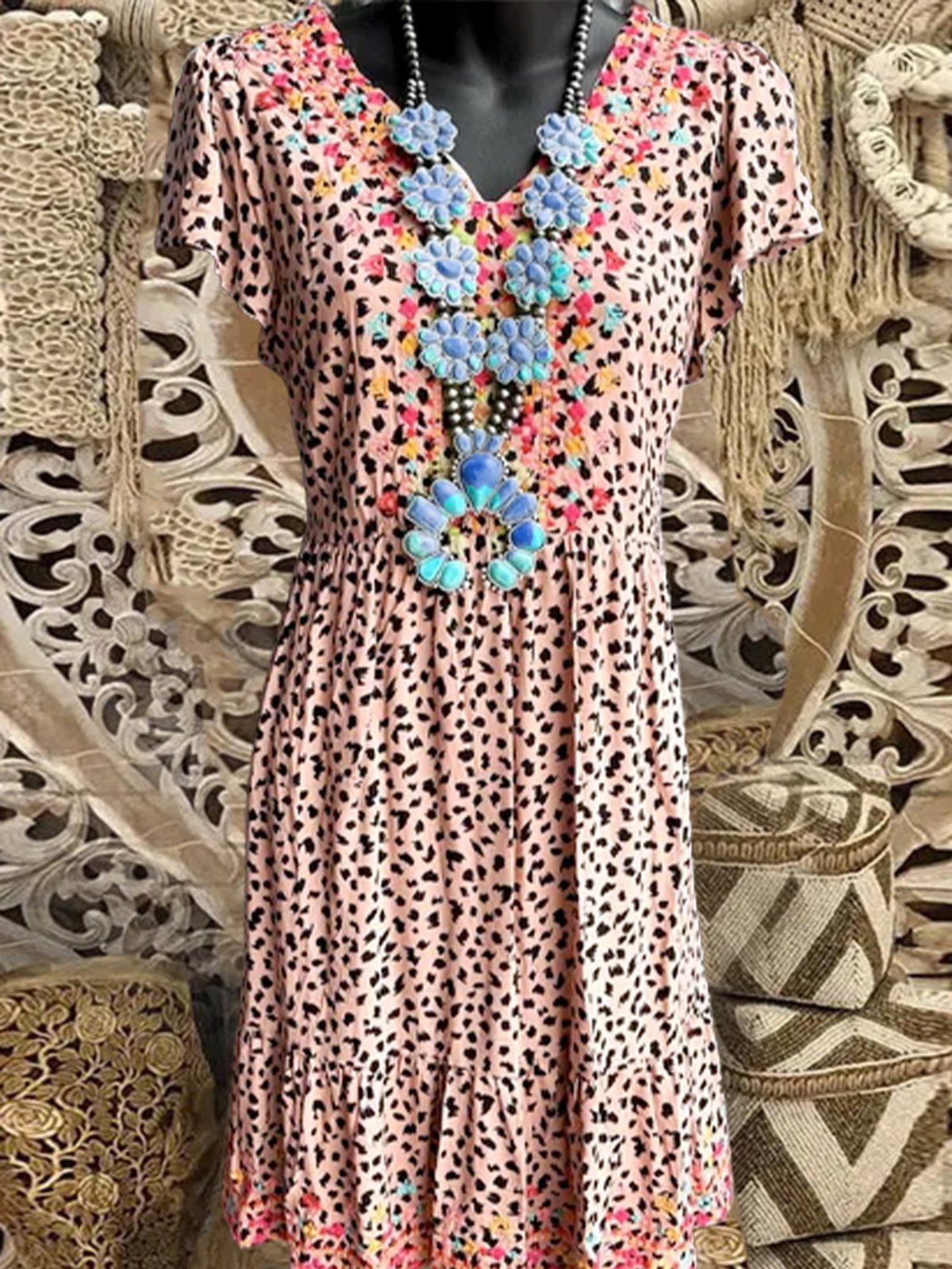 Casual Leopard V Neck Short Sleeve Dresses