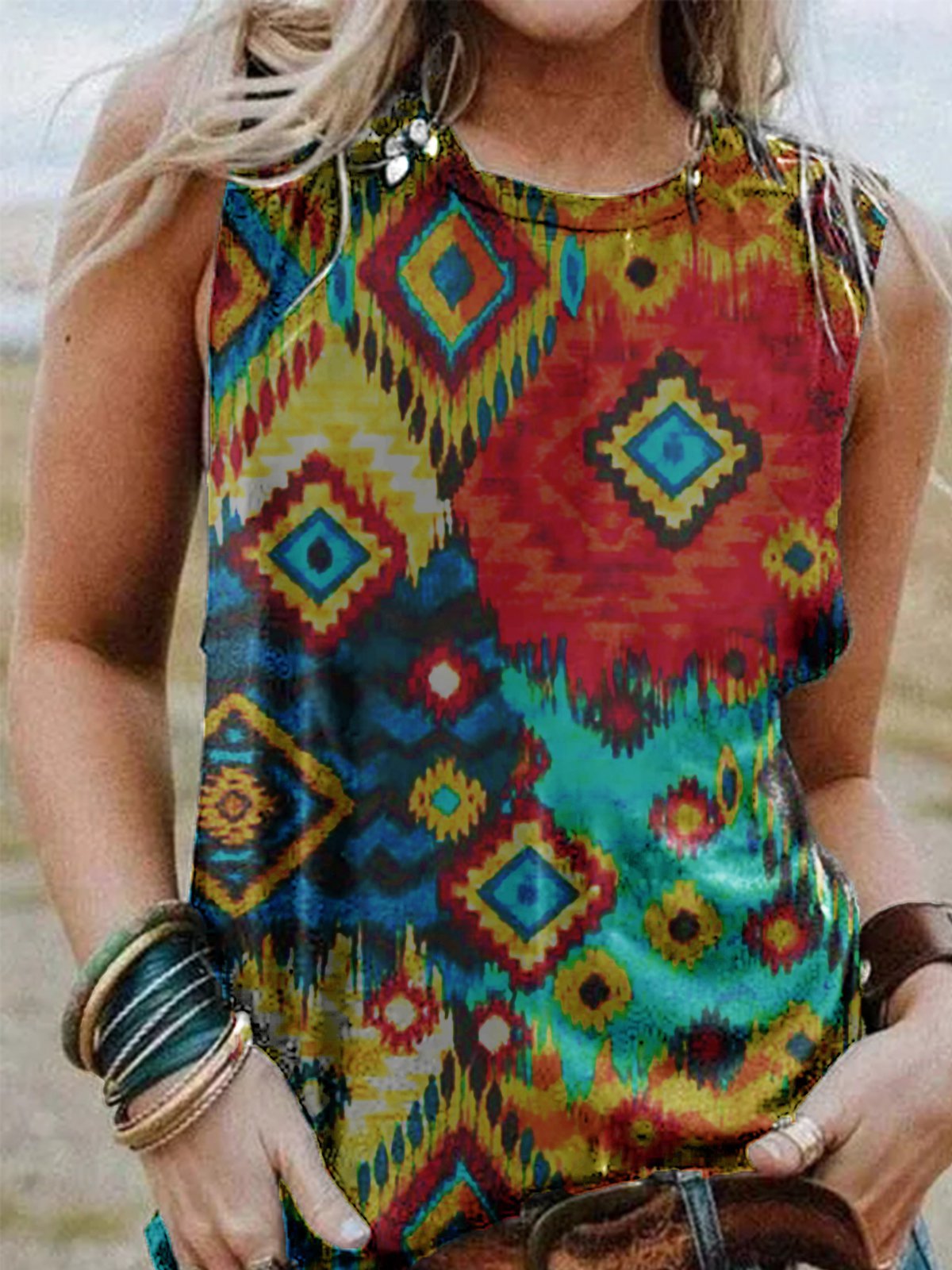 Boho Sleeveless Crew Neck Jersey Shirts & Tops