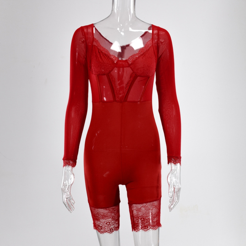 Sexy Lace Patchwork Bodycon Rompers with Mesh Sleeves