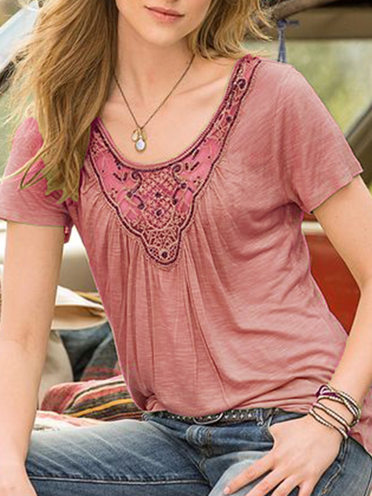 Green Holiday Cotton-Blend Patchwork Shirts & Tops