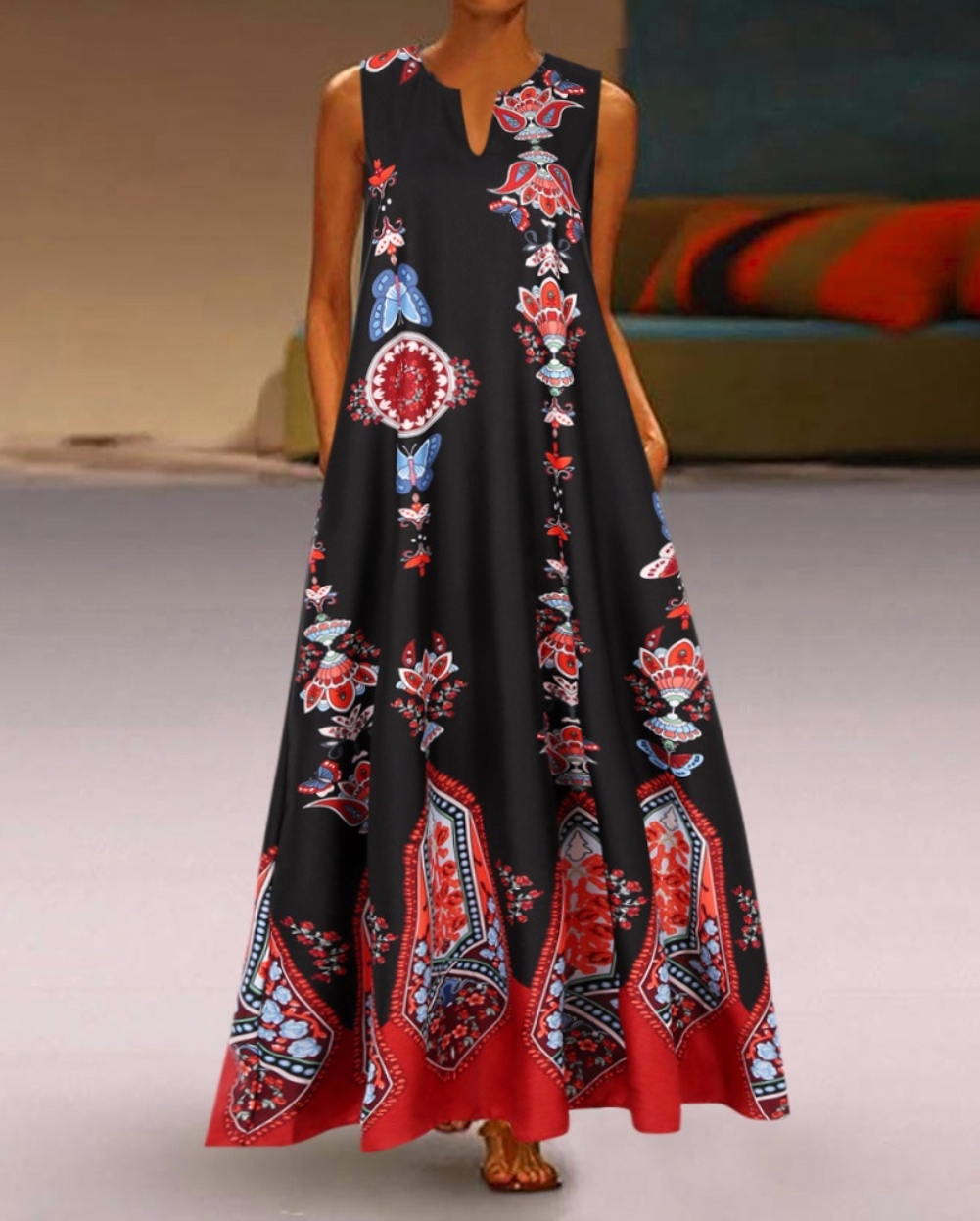 Retro Print Sleeveless Long Boho Dress