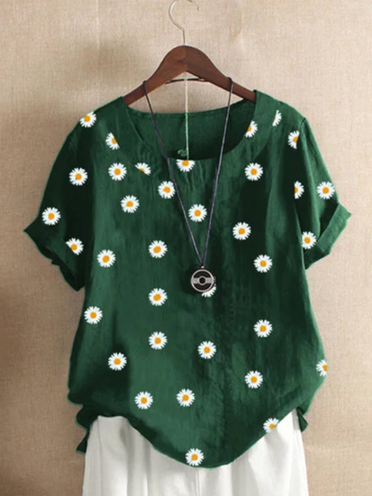 Daisy Floral Print Short Sleeve O-neck T-shirt For Women